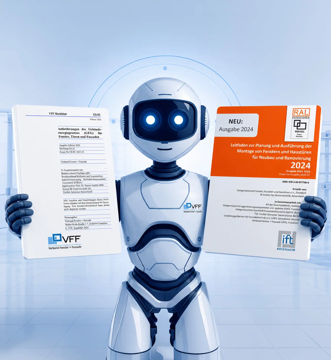 Ein freundlich blickender Roboter mit VFF-Logo, umgeben von Dokumenten